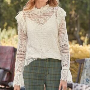 Sundance Long Sleeve Lace Top Womens PXXS Ivory Lined Boho Cottage Ruffle